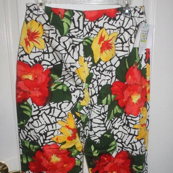Eric Casual Capri cropped stretch pants floral hibiscus orange yellow sz 10 NEW… - Picture 5 of 6